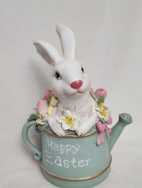 White Bunny in Mint 'Happy Easter' Watering Can Figurine